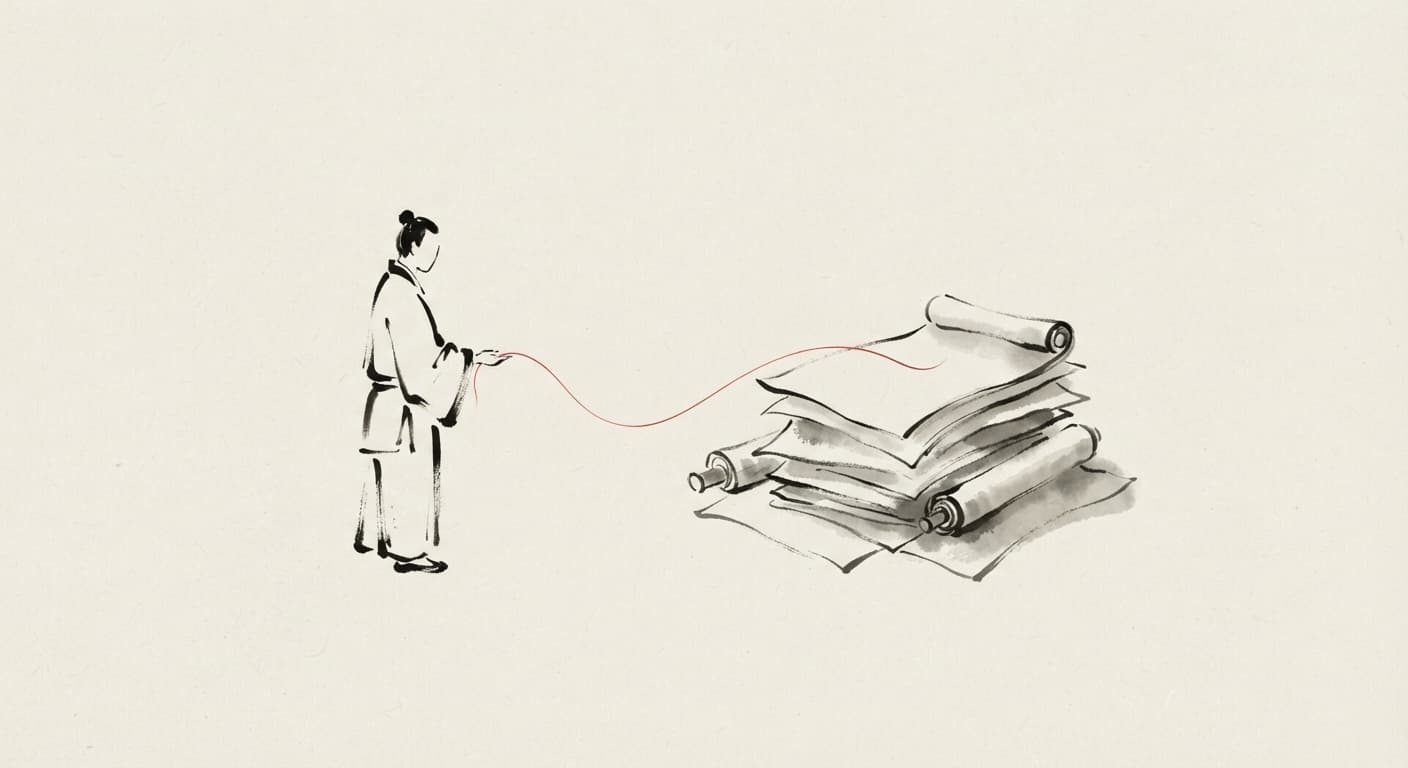 Ilustração em nanquim de uma pessoa conectada a documentos por um traço vermelho.