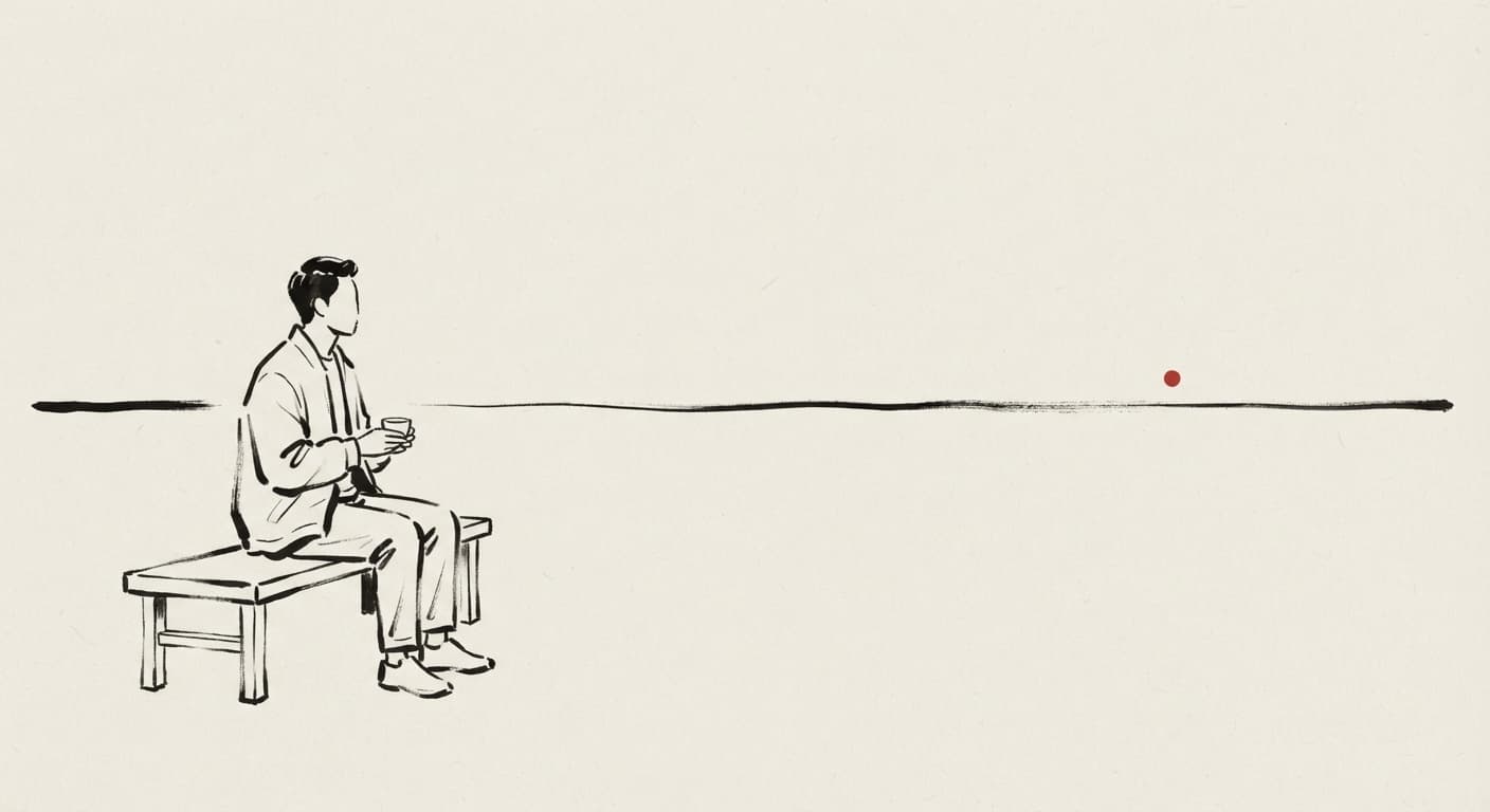 Ilustração em nanquim de uma pessoa sentada diante de uma trilha de conhecimento.