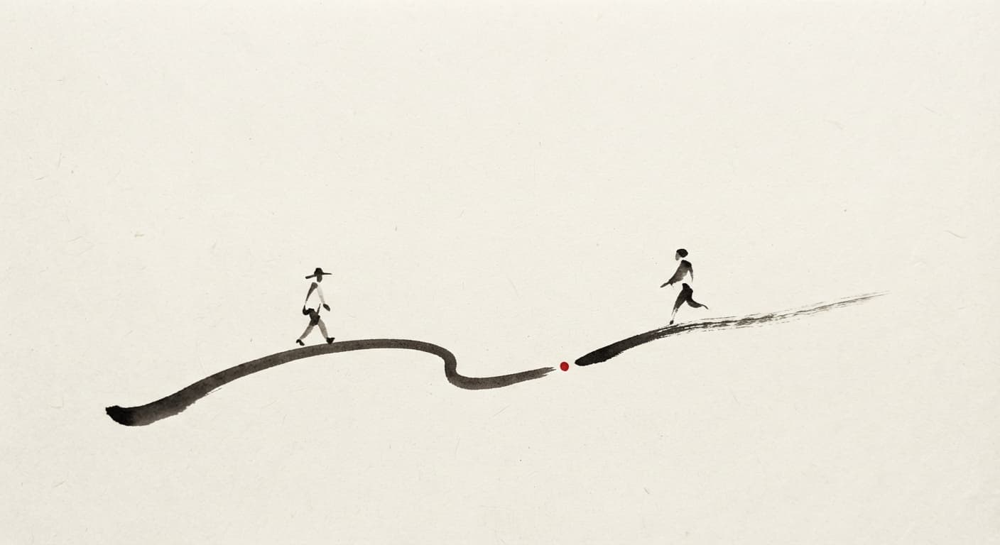 Ilustração em nanquim de pessoas seguindo uma trilha marcada por um ponto vermelho.